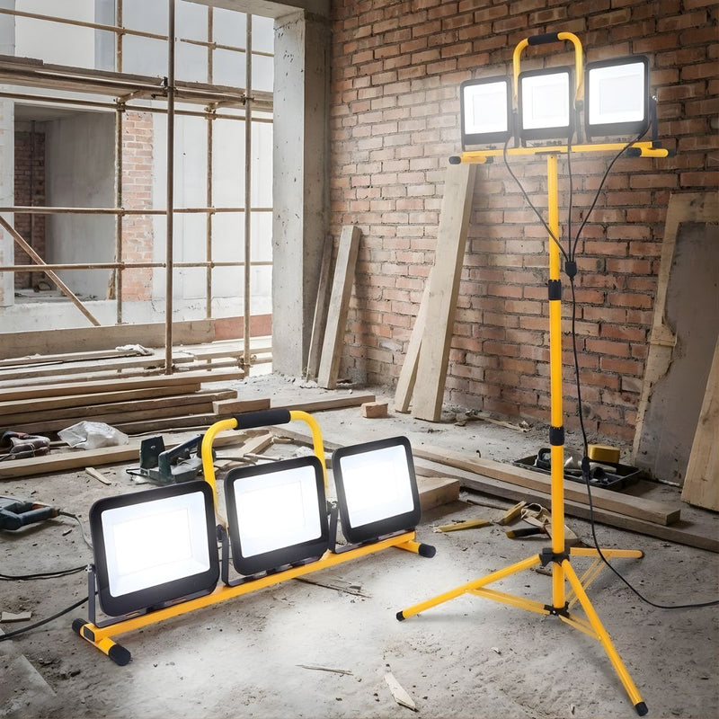 Reflector de Pedestal LED 21000 Lúmenes. Trípode Ajustable. Torre de Iluminación  3 Focos 50W. Altura 2 mts