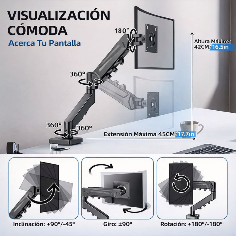 Soporte de Monitor para escritorio con Brazo Articulado. Para pantallas de hasta 32”. Soporta hasta 9kg. Ideal para oficina y gaming.