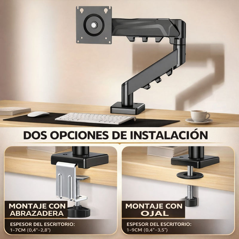Soporte de Monitor para escritorio con Brazo Articulado. Para pantallas de hasta 32”. Soporta hasta 9kg. Ideal para oficina y gaming.