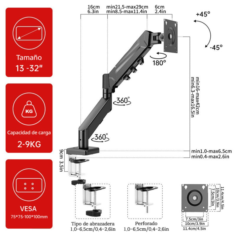 Soporte de Monitor para escritorio con Brazo Articulado. Para pantallas de hasta 32”. Soporta hasta 9kg. Ideal para oficina y gaming.