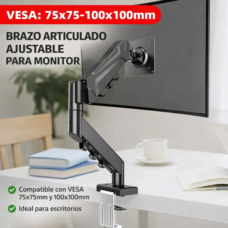 Soporte de Monitor para escritorio con Brazo Articulado. Para pantallas de hasta 32”. Soporta hasta 9kg. Ideal para oficina y gaming.