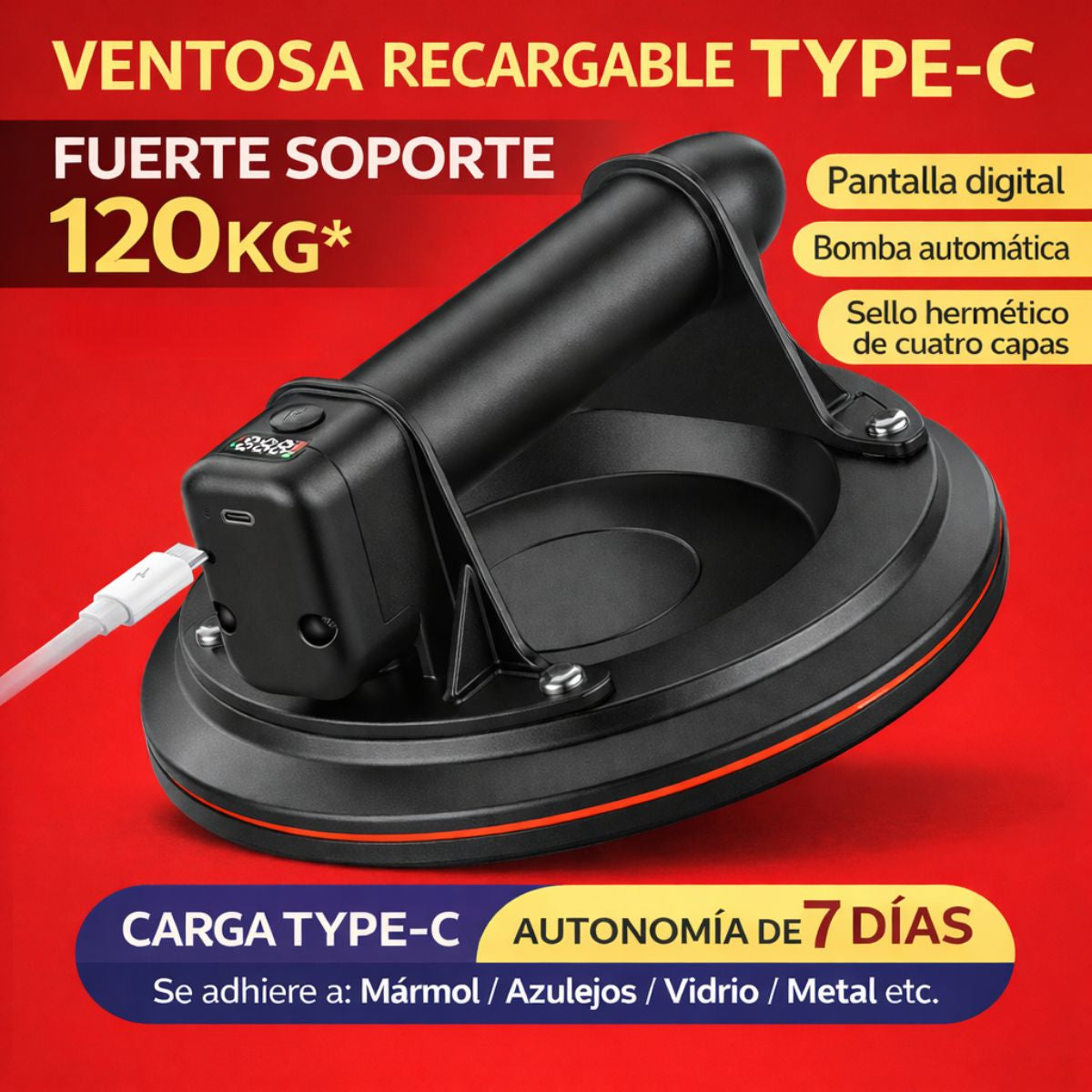 Ventosa Eléctrica 8" Recargable 120KG. Bomba Automática con Pantalla Digital. Succionador chupas para Mármol, Vidrio y Azulejos.
