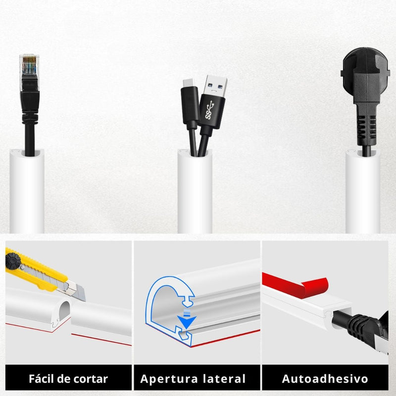 Canaleta Autoadhesiva Flexible Con Apertura Lateral De 5 metros Para Ocultar Cables De 0.27” (0.7cm) De Canal interno. Moldura De PVC Color Blanco.