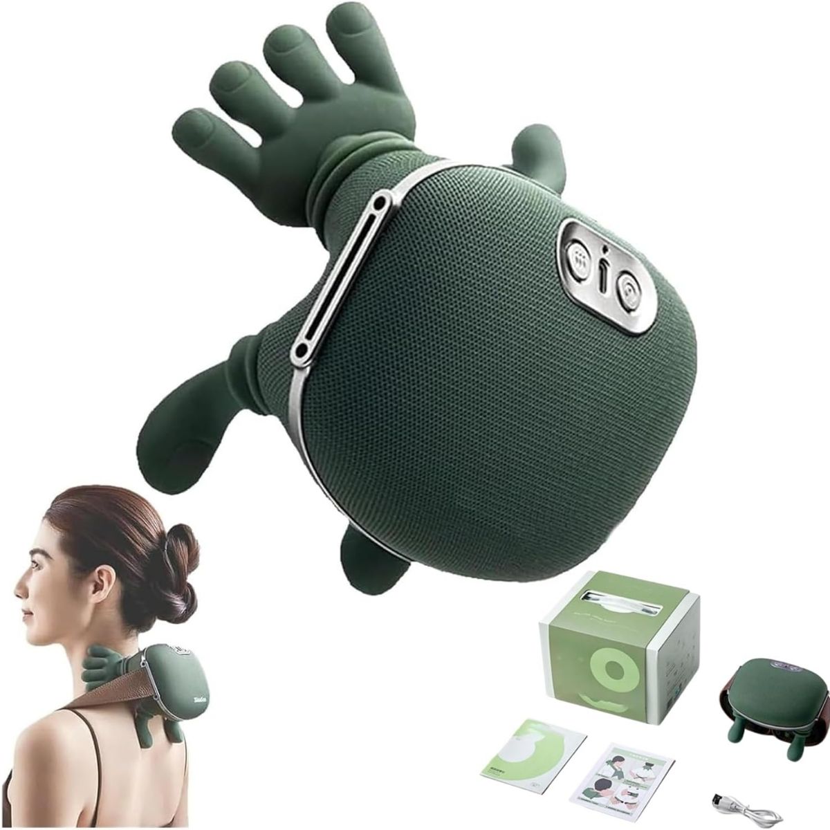Masajeador De Cuello, Hombros Y Espalda Con Diseño Que Imita Manos Reales De 5V/10W Y Carga USB. Masajeador Cervical. Máquina De Masajes. Color Verde
