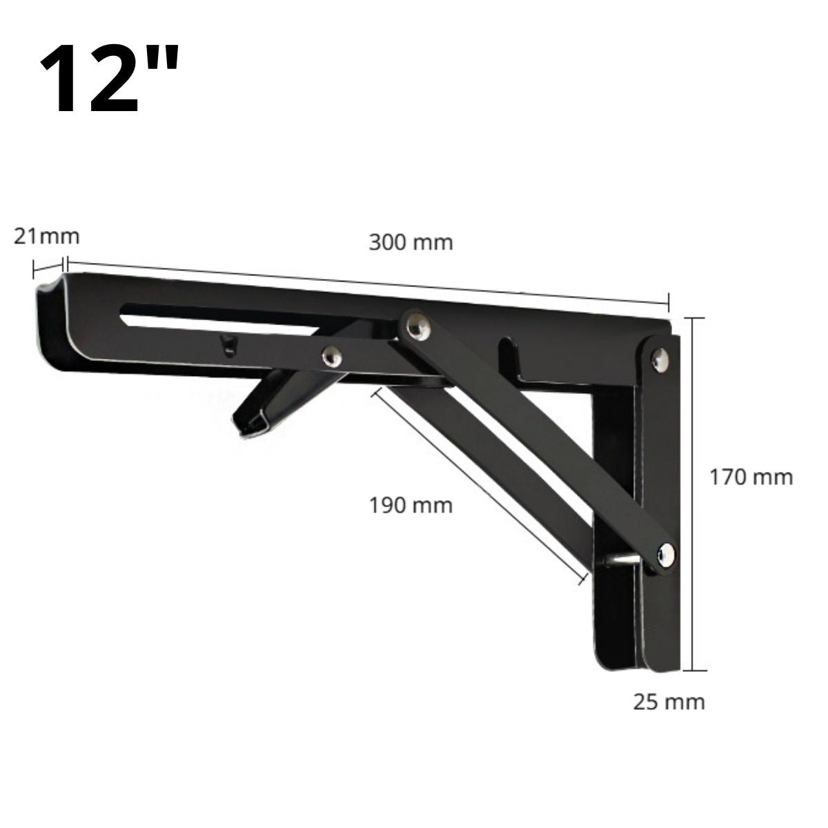 Soporte Brazo Plegable De Repisas Metalico De 12" (30.5 Cm) De Acero Laminado En Frío Para Repisas, Estantes. Escuadras Abatible Color Negro. (Se vende por Unidad)