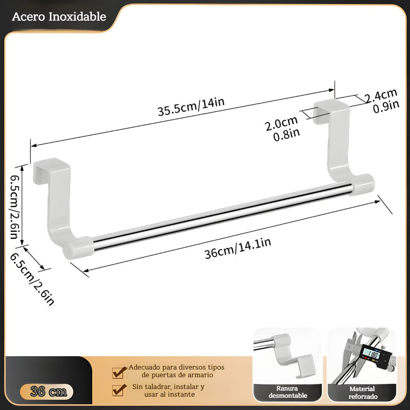 Toallero Colgante Para Gabinetes 36 cm Ideal Para Baño O Cocina. Color Silver. Acabado Resistente. Barra  para puertas de hasta 2.4 cm de grosor