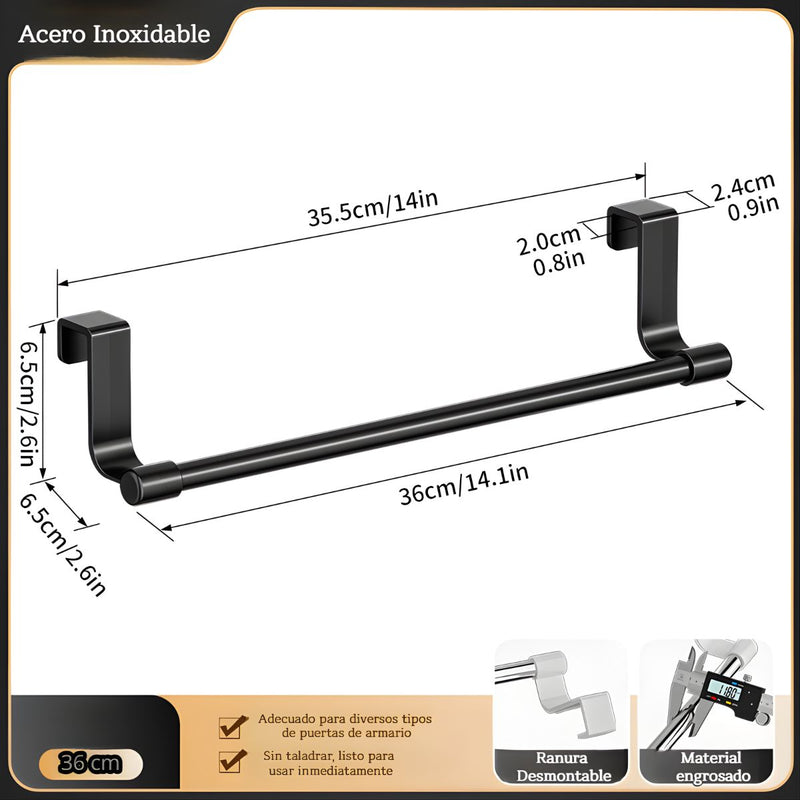 Toallero Colgante Para Gabinetes 36 cm Ideal Para Baño O Cocina. Color Negro. Acabado Resistente. Barra  para puertas de hasta 2.4 cm de grosor