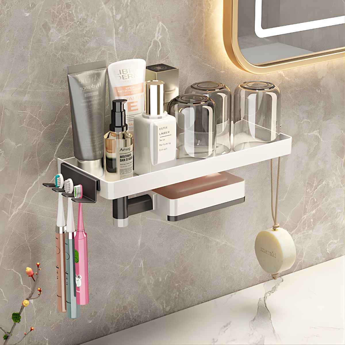 Repisa Organizadora Para Baño Con Porta Cepillos Y Jabonera Giratoria 30 cm Color Blanco. Organizador