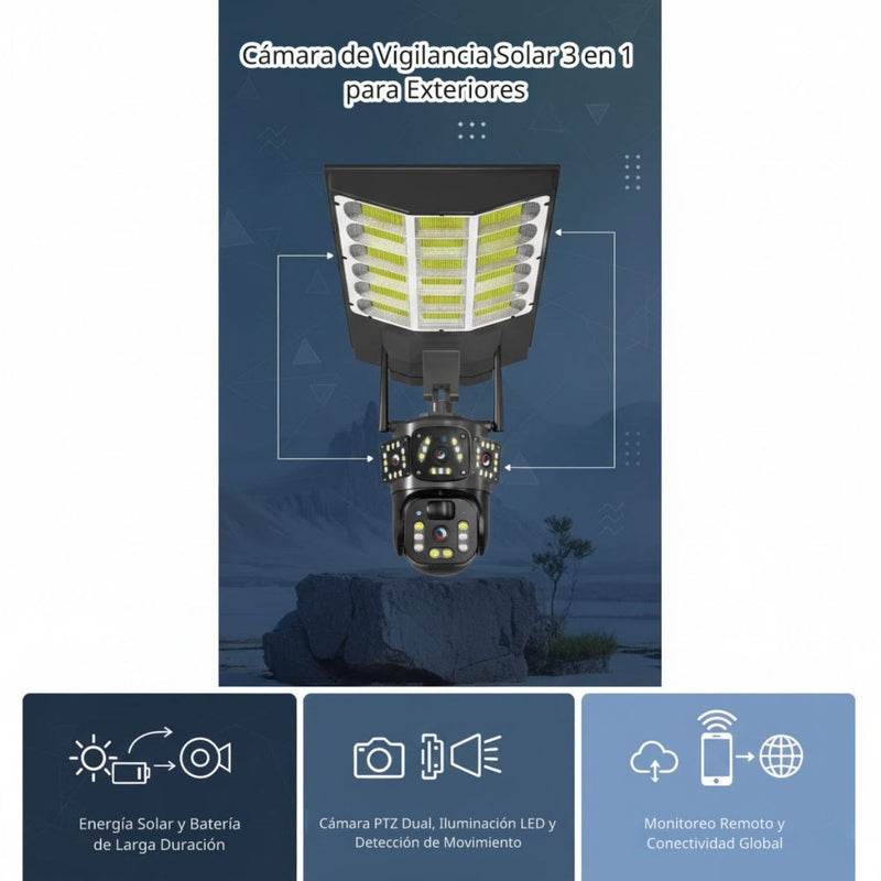 Cámara Wifi 360° con doble lente FHD con Panel Solar. Luz LED y Detección Humana. Cámara de Seguridad.