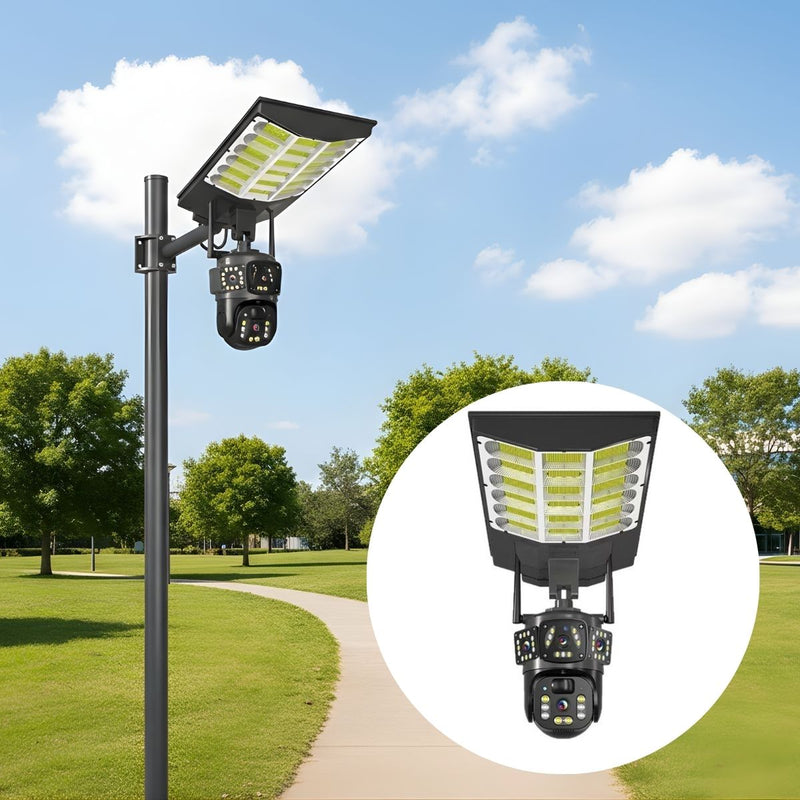 Cámara Wifi 360° con doble lente FHD con Panel Solar. Luz LED y Detección Humana. Cámara de Seguridad.