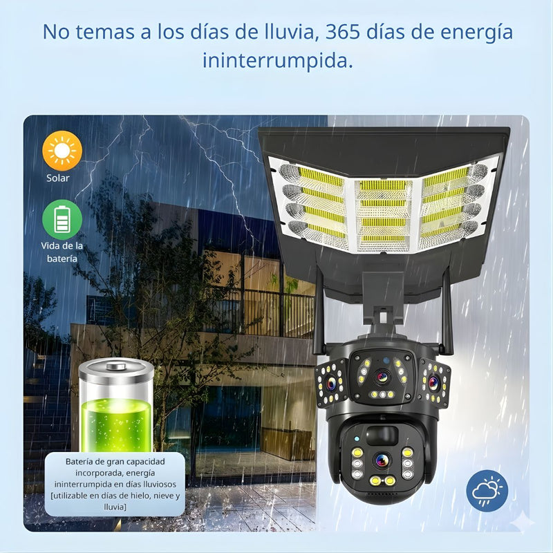 Cámara Wifi 360° con doble lente FHD con Panel Solar. Luz LED y Detección Humana. Cámara de Seguridad.