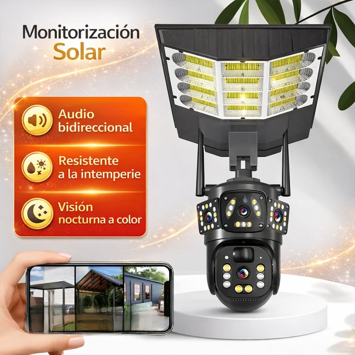 Cámara Wifi 360° con doble lente FHD con Panel Solar. Luz LED y Detección Humana. Cámara de Seguridad.
