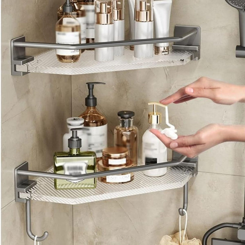 Repisas Esquineras Para Baño (2 Unds) De 13.1" x 8.7" En Acrílico Y Aluminio Aeroespacial. Organizador De Baño. Incluye 2 Ganchos.