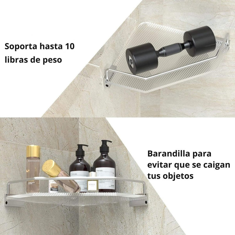 Repisas Esquineras Para Baño (2 Unds) De 13.1" x 8.7" En Acrílico Y Aluminio Aeroespacial. Organizador De Baño. Incluye 2 Ganchos.