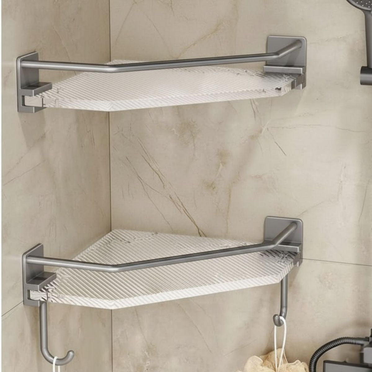 Repisas Esquineras Para Baño (2 Unds) De 13.1" x 8.7" En Acrílico Y Aluminio Aeroespacial. Organizador De Baño. Incluye 2 Ganchos.