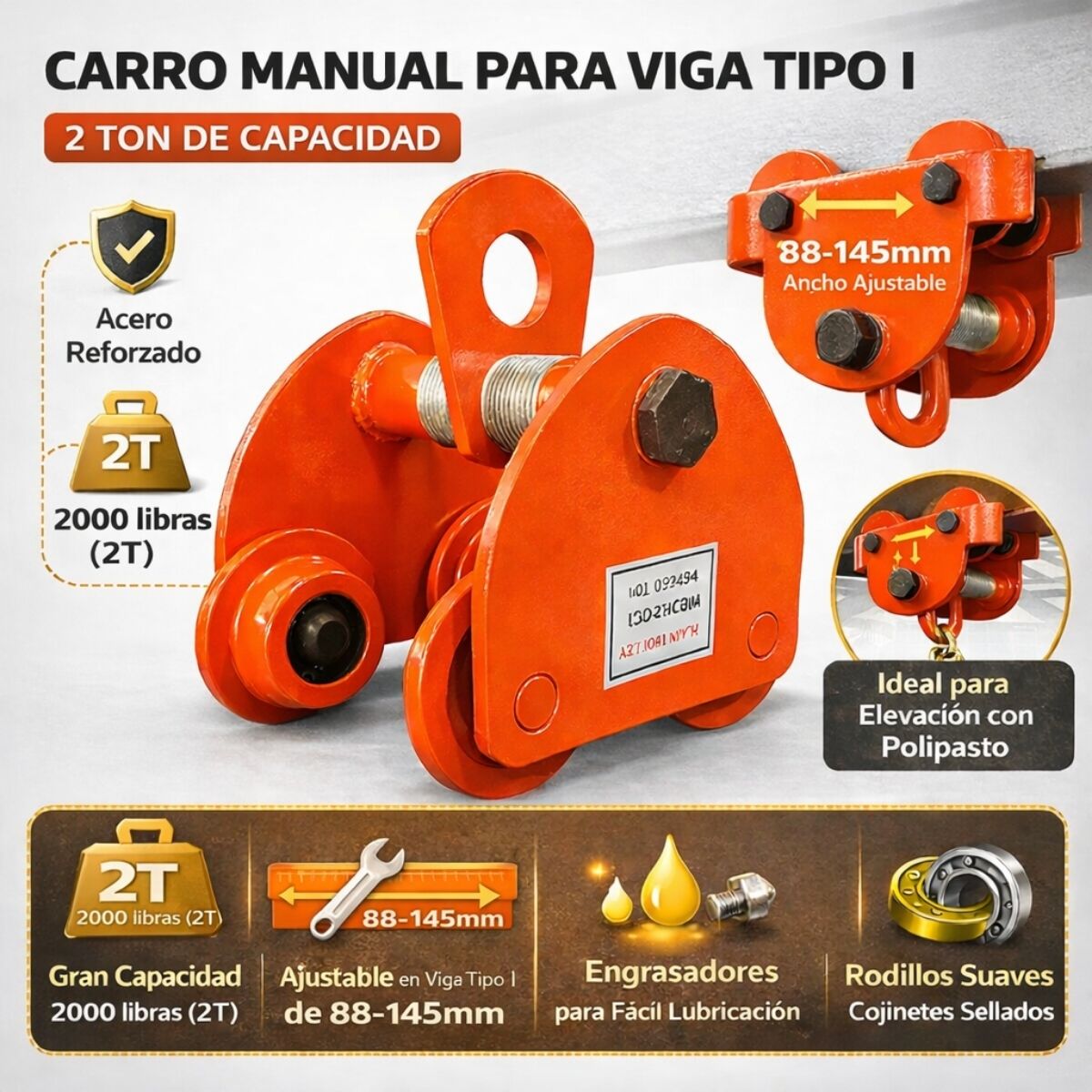 Trolley Manual Sencillo 2 Ton para Viga 88-145 mm Polipasto Carro de Viga. Uso Industrial Pesado