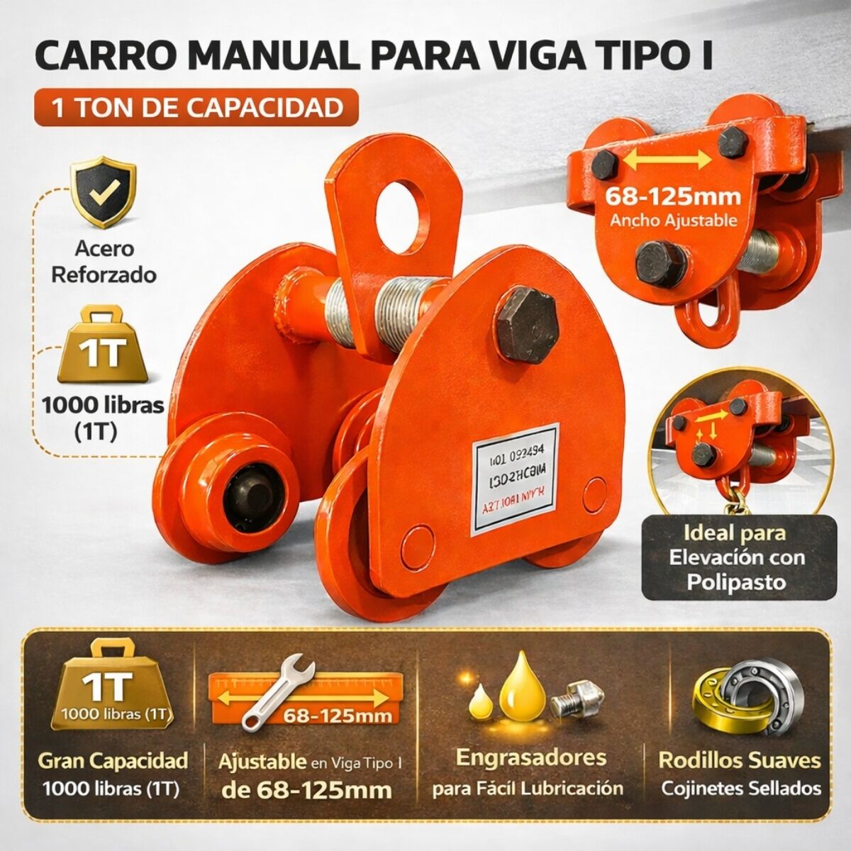 Trolley Manual Sencillo 1 Ton para Viga 68–125 mm Polipasto Carro de Viga. Uso Industrial Pesado