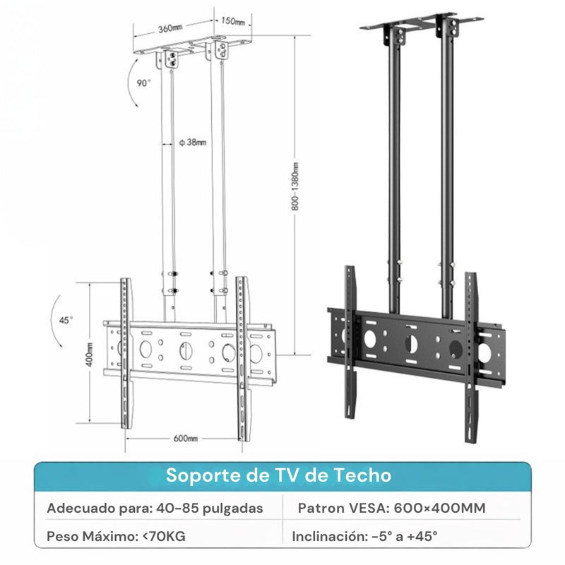 Soporte de TV de Techo Ajustable (800-1380mm) de Acero para Pantallas de 40 a 85 Pulgadas. Color Negro.