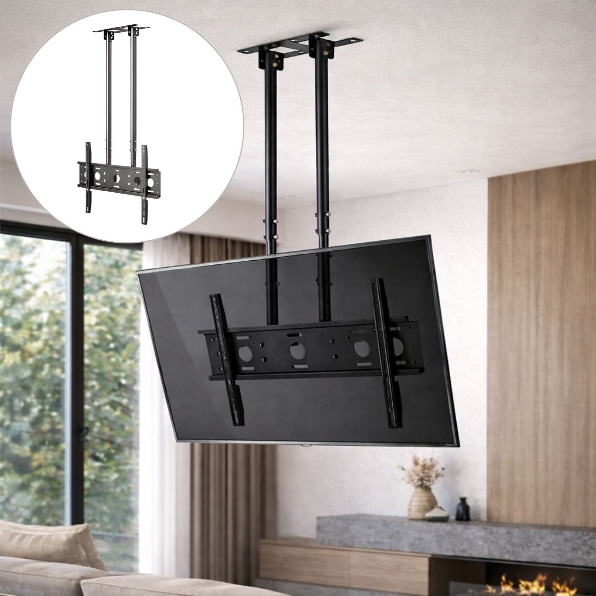 Soporte de TV de Techo Ajustable (800-1380mm) de Acero para Pantallas de 40 a 85 Pulgadas. Color Negro.