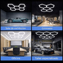 Lampara LED Hexagonal 672W (4854x2435mm) para Garaje y Taller. Panel Modular 14 Hexágonos. Borde Azul 110V. Luz de Garaje y Detailing. Luz de panal