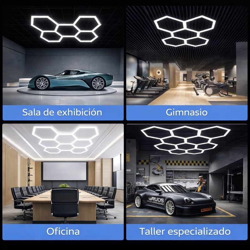 Lampara LED Hexagonal 672W (4854x2435mm) para Garaje y Taller. Panel Modular 14 Hexágonos. Borde Azul 110V. Luz de Garaje y Detailing. Luz de panal