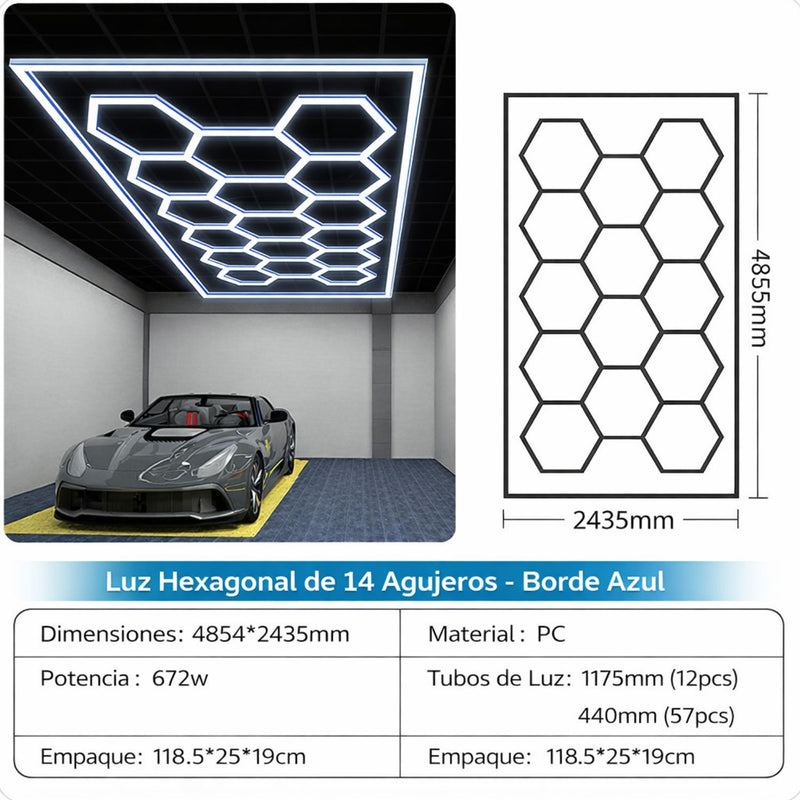 Lampara LED Hexagonal 672W (4854x2435mm) para Garaje y Taller. Panel Modular 14 Hexágonos. Borde Azul 110V. Luz de Garaje y Detailing. Luz de panal