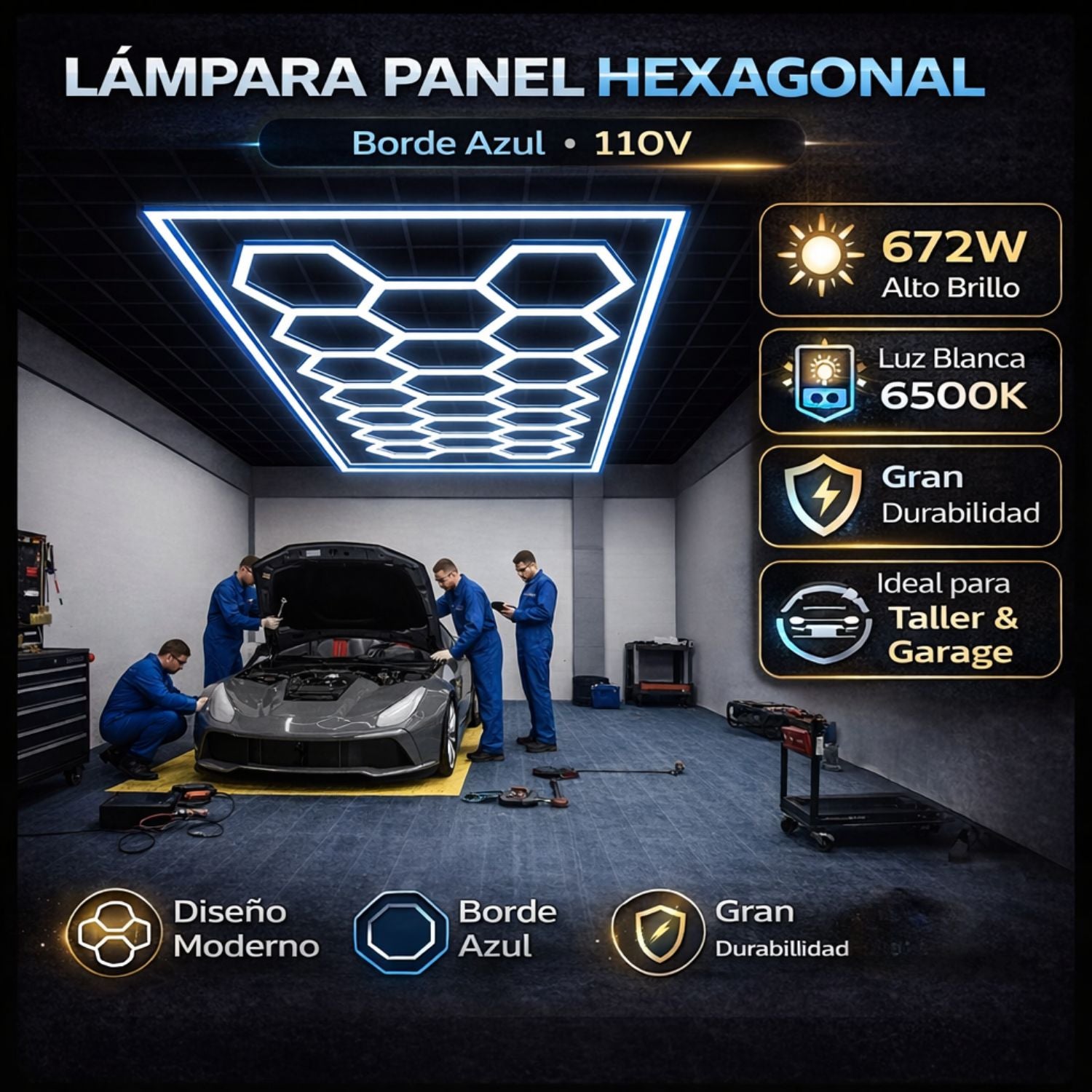 Lampara LED Hexagonal 672W (4854x2435mm) para Garaje y Taller. Panel Modular 14 Hexágonos. Borde Azul 110V. Luz de Garaje y Detailing. Luz de panal