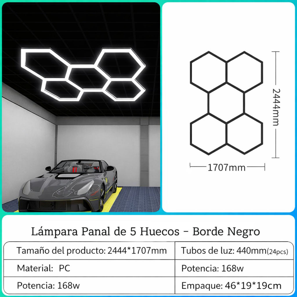 Lampara LED Hexagonal 168W (2444X1707mm) Para Garaje Y Taller. Panel M