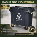 Contenedor de Basura 660L con Ruedas y Tapa. Tanque de Residuos Industrial de Polietileno Reforzado. Color Negro. Basurero.