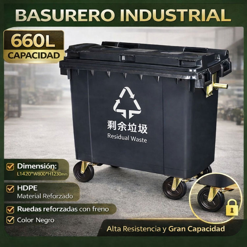 Contenedor de Basura 660L con Ruedas y Tapa. Tanque de Residuos Industrial de Polietileno Reforzado. Color Negro. Basurero.