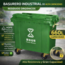 Contenedor de Basura 660L con Ruedas y Tapa. Tanque de Residuos Industrial de Polietileno Reforzado. Color Verde. Basurero.