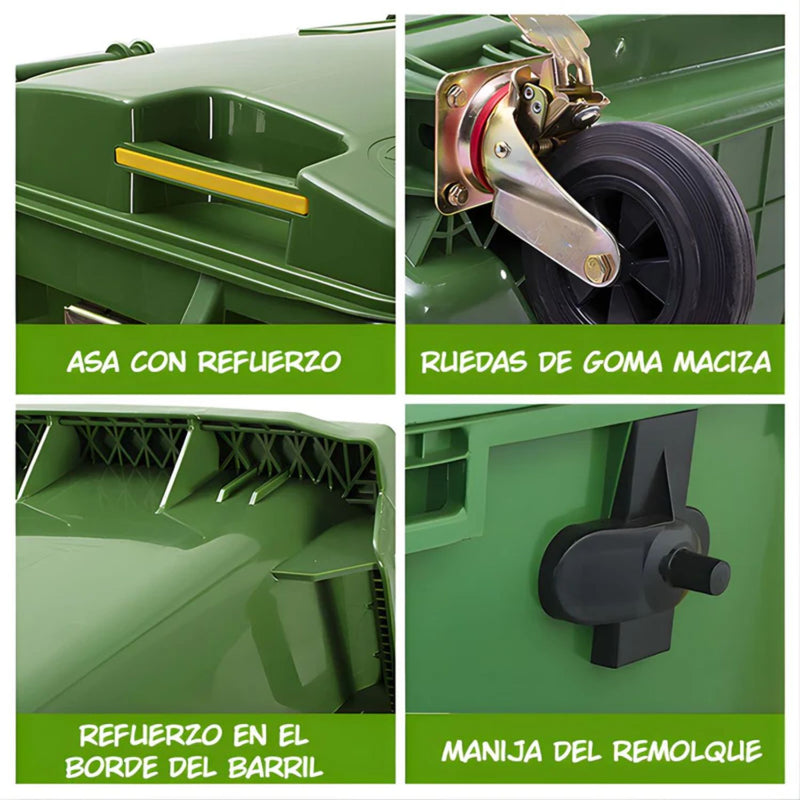 Contenedor de Basura 660L con Ruedas y Tapa. Tanque de Residuos Industrial de Polietileno Reforzado. Color Verde. Basurero.