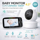 Monitor De Video Para Bebe 4.3" FULL HD 1080P LCD Visión Nocturna. Audio Bidireccional. Camara panorámica 355°. Baby Cam.
