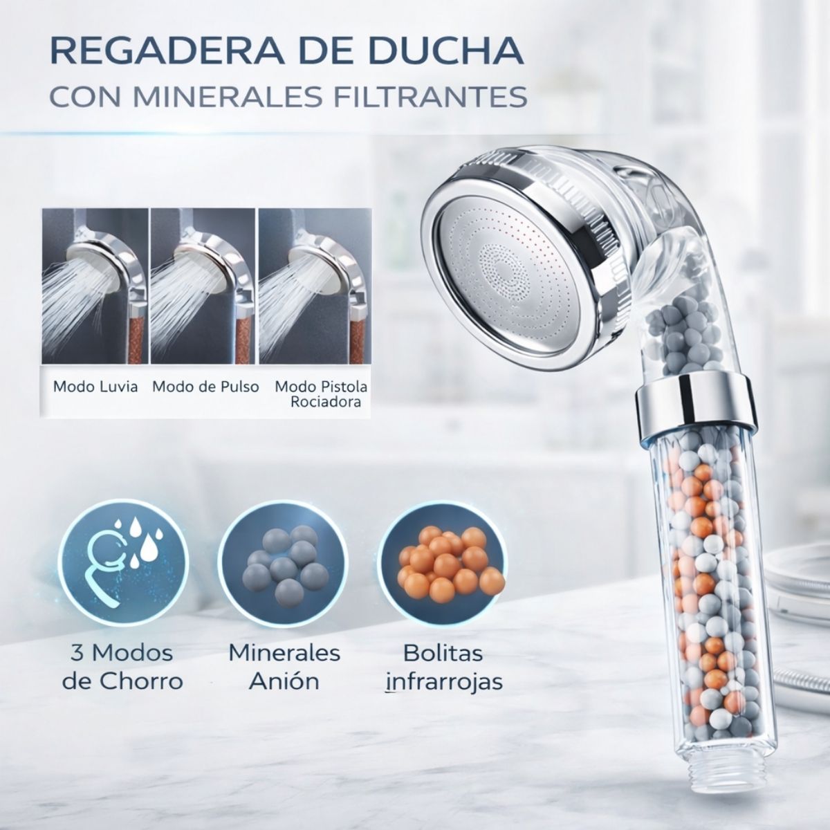 Cabezal de Ducha de Mano de Alta Presión con Filtro Mineral. 3 Modos de Chorro. Cabezal de regadera con Bolas Anión e Infrarrojas.