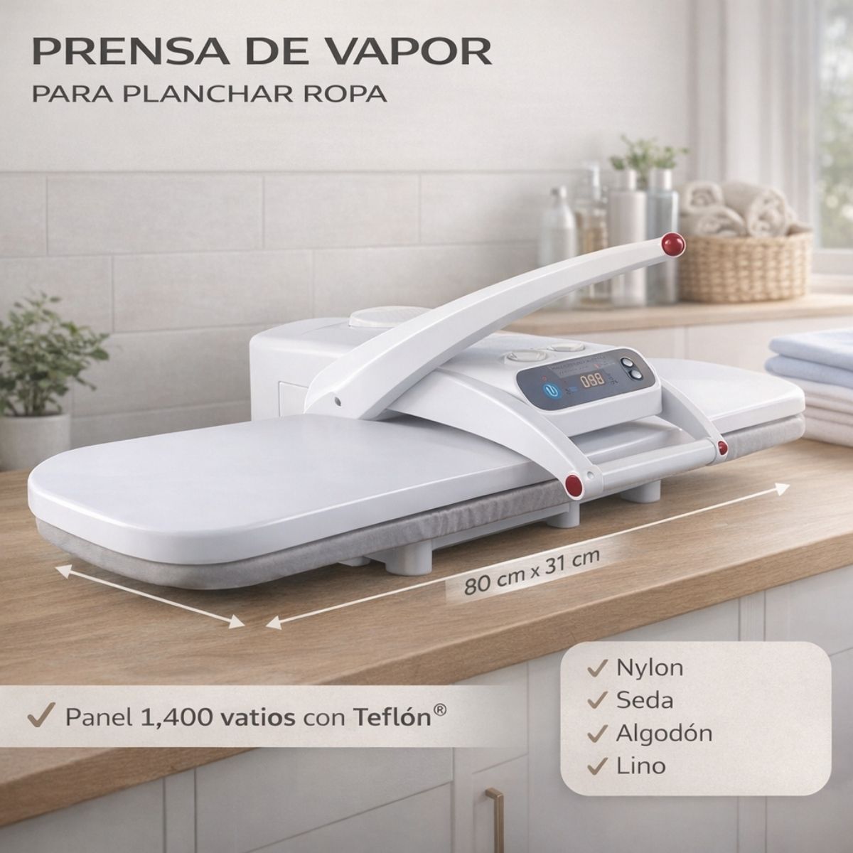 Plancha de Vapor Eléctrica para Ropa 1400W con Panel de Teflón Antiadherente y Control Digital. Prensa de vapor para ropa.