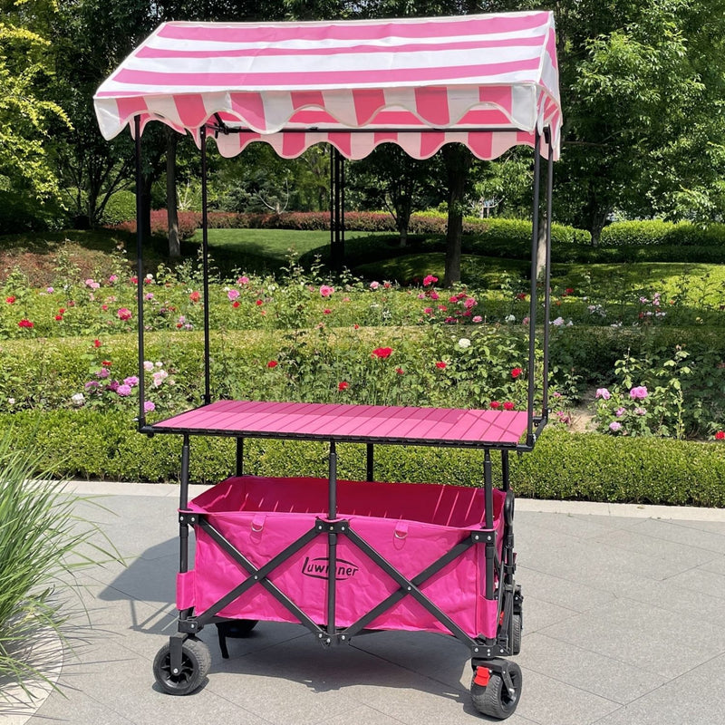 Carrito Plegable Multifunción 3 en 1. Con Toldo Protector y Mesa Superior. Color Rosado. Ideal para Ferias y Eventos. Carrito de ventas. Kiosco con techo