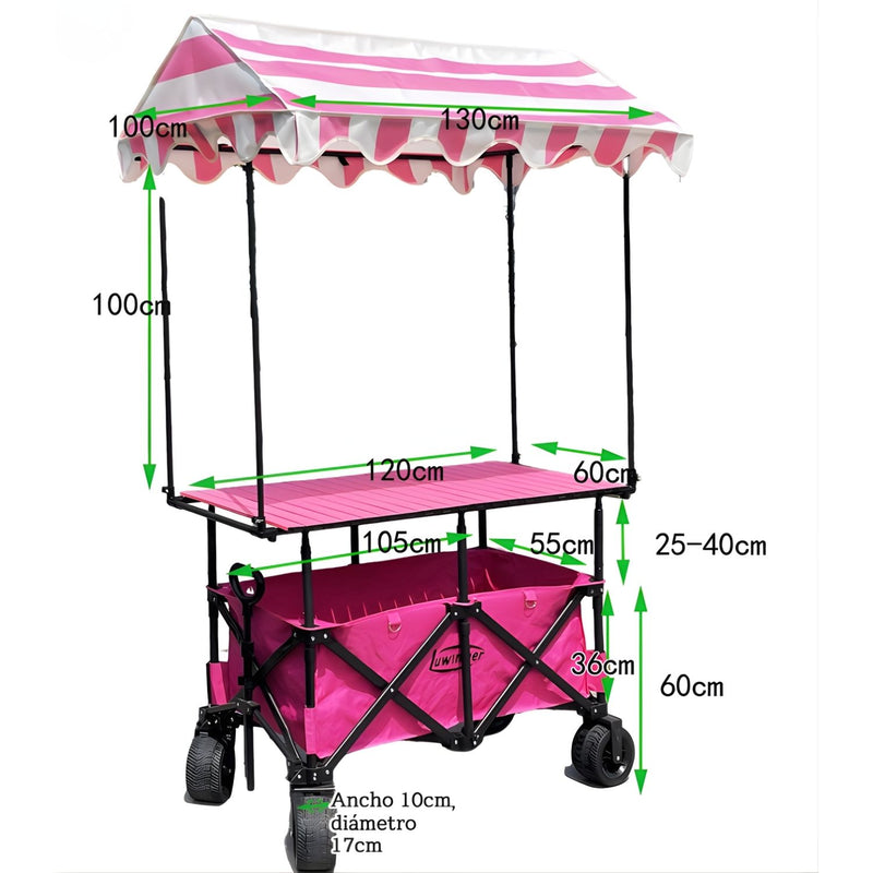 Carrito Plegable Multifunción 3 en 1. Con Toldo Protector y Mesa Superior. Color Rosado. Ideal para Ferias y Eventos. Carrito de ventas. Kiosco con techo