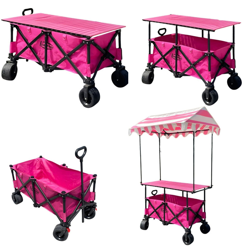 Carrito Plegable Multifunción 3 en 1. Con Toldo Protector y Mesa Superior. Color Rosado. Ideal para Ferias y Eventos. Carrito de ventas. Kiosco con techo