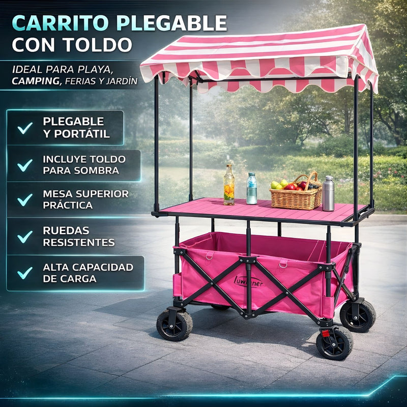 Carrito Plegable Multifunción 3 en 1. Con Toldo Protector y Mesa Superior. Color Rosado. Ideal para Ferias y Eventos. Carrito de ventas. Kiosco con techo