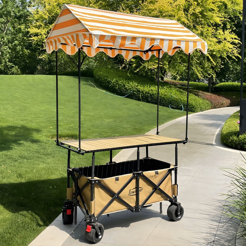 Carrito Plegable Multifunción 3 en 1. Con Toldo Protector y Mesa Superior. Color amarillo. Ideal para Ferias y Eventos. Carrito de ventas. Kiosco con techo
