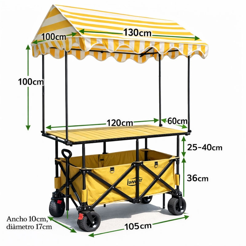 Carrito Plegable Multifunción 3 en 1. Con Toldo Protector y Mesa Superior. Color amarillo. Ideal para Ferias y Eventos. Carrito de ventas. Kiosco con techo
