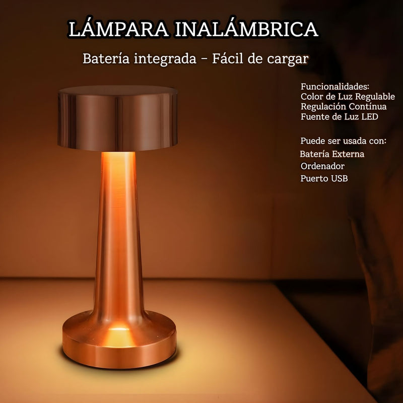 Lámpara LED de Mesa Portátil e Inalámbrica. Diseño retro. Control Táctil para 3 niveles de luz. Color cobre.  Usado en restaurantes