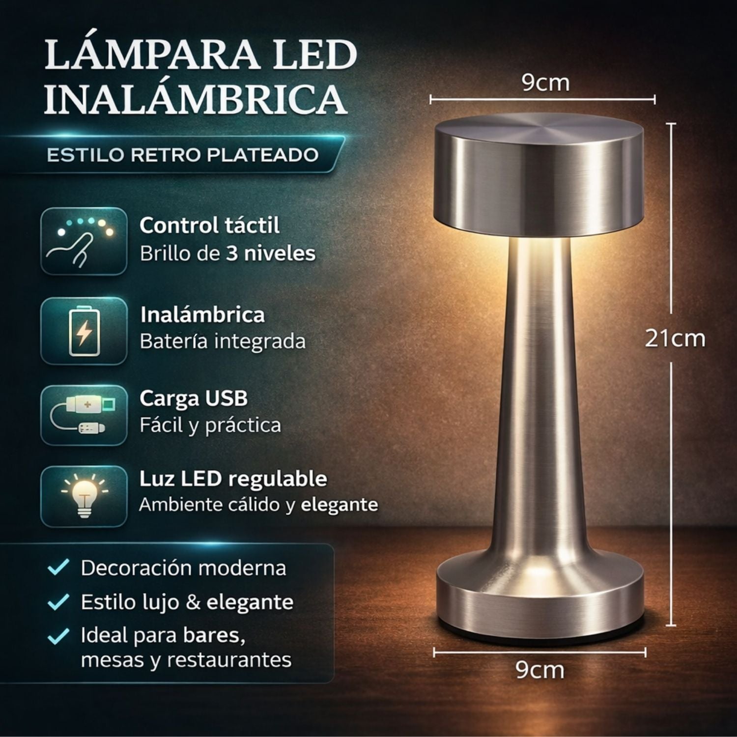 Lámpara LED de Mesa Portátil e Inalámbrica. Diseño retro. Control Táctil para 3 niveles de luz. Color plateado. Usado en restaurantes