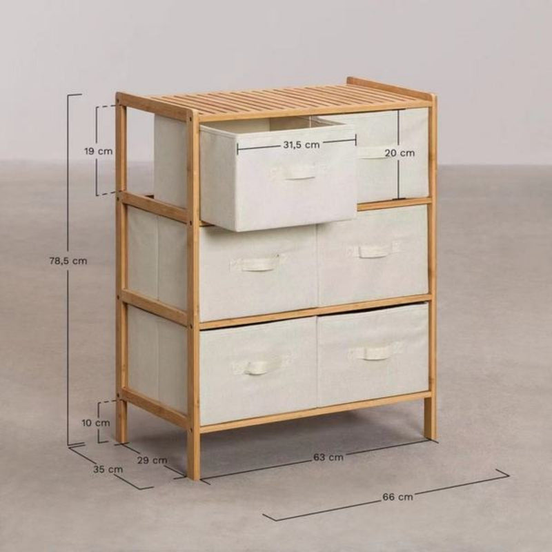 Mueble Multiuso De Bambú Estilo Nórdico con Cajones de Tela Oxford para Hogar y Oficina. Organizador de Almacenamiento Vertical con 6 Cajones. Gavetero (66x78.5x35 cm)