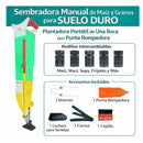 Sembradora Manual de Maíz y Granos para Suelo Duro. Plantadora Portátil de Una Boca con Punta Rompedora. Incluye Rodillos Intercambiables para Maíz, Maní y Soya