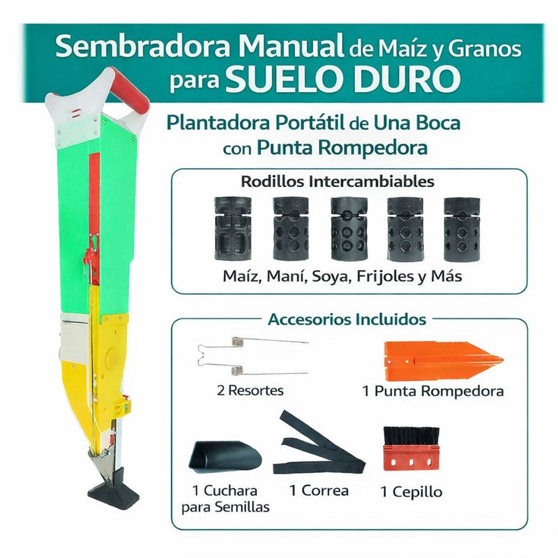 Sembradora Manual de Maíz y Granos para Suelo Duro. Plantadora Portátil de Una Boca con Punta Rompedora. Incluye Rodillos Intercambiables para Maíz, Maní y Soya