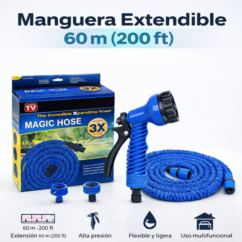 Manguera Expandible de Jardín 60 m (200 ft) Color Azul con Pistola de Alta Presión Riego y Lavado Multifuncional A Prueba De Explosiones.