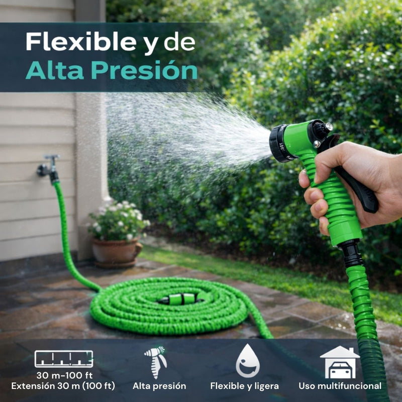 Manguera Expandible de Jardín 30 m (100 ft) Color Verde con Pistola de Alta Presión Riego y Lavado Multifuncional A Prueba De Explosiones.