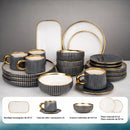 Juego de Vajilla de Porcelana 21 Piezas Gris con Borde Dorado Estilo Europeo, Esmalte Liso, Apta para Café, Té y Restaurante