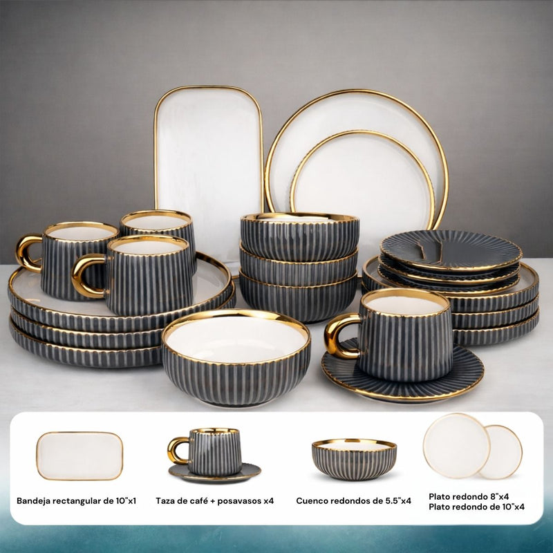 Juego de Vajilla de Porcelana 21 Piezas Gris con Borde Dorado Estilo Europeo, Esmalte Liso, Apta para Café, Té y Restaurante